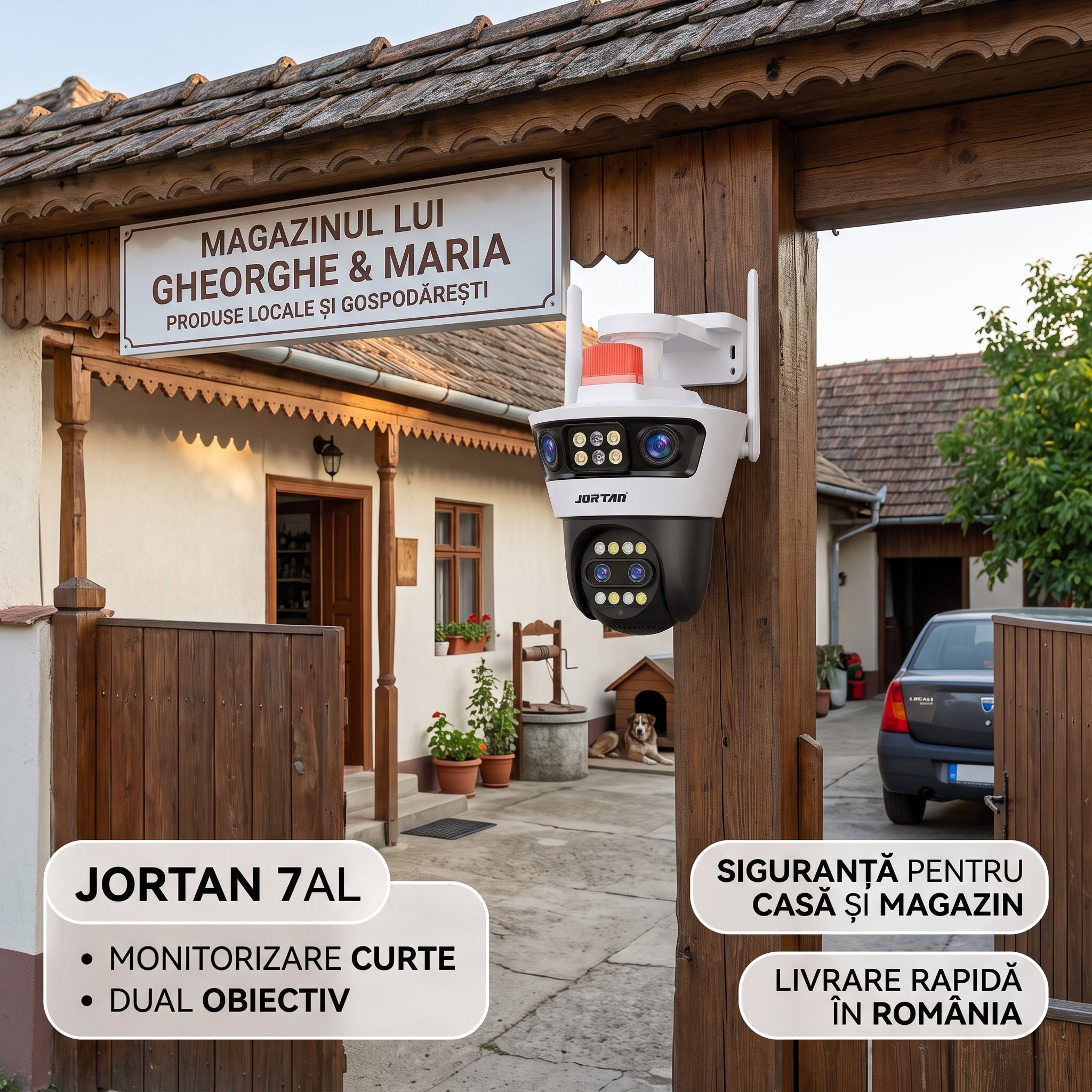 Camera Supraveghere Jortan 7AL -  WiFi 12MP 4 Lentile PTZ IP66 + Card 32GB Cadou + Cablu 5M Cadou