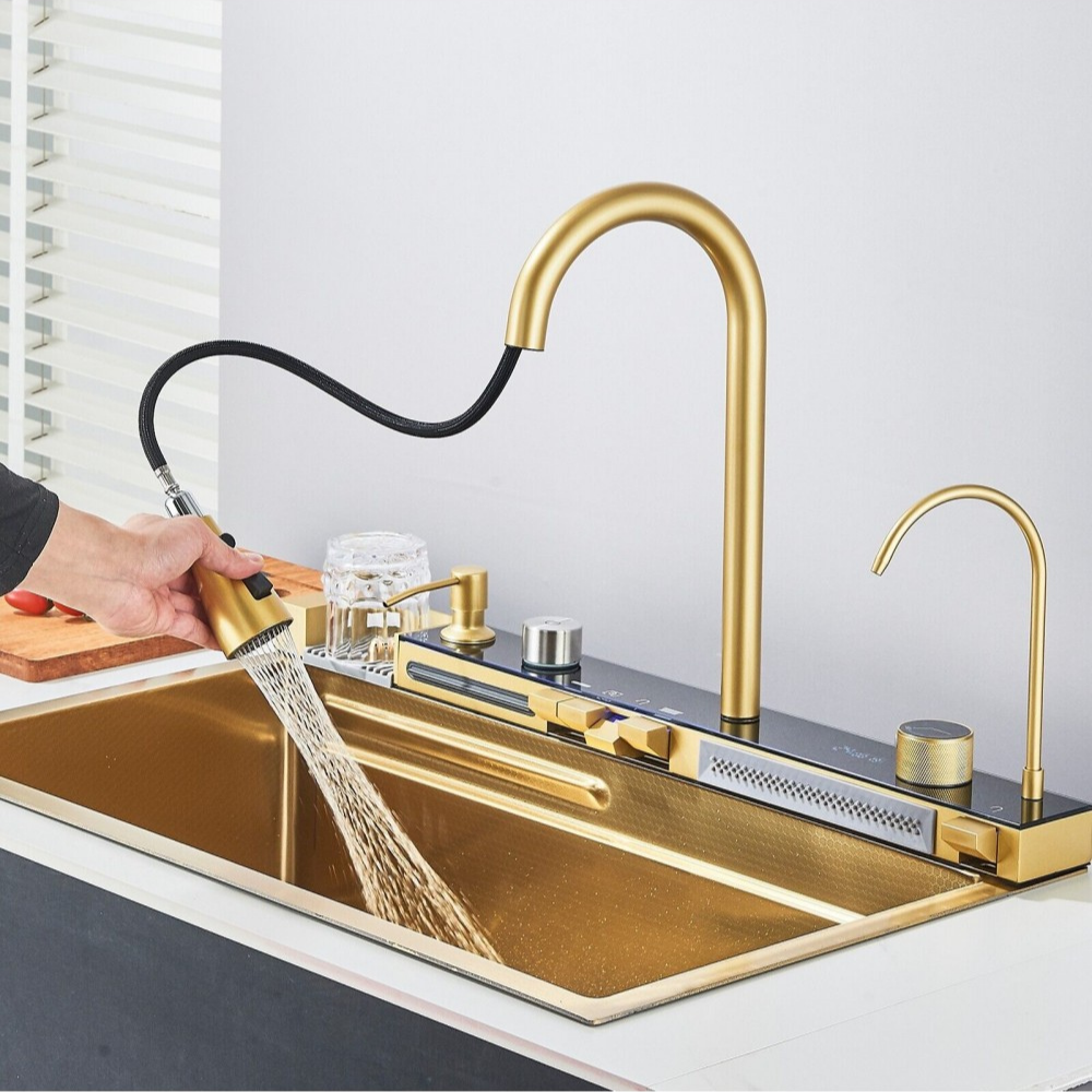Chiuveta Inteligenta Gold EliteWave, din Otel Inoxidabil 75x45cm - LCD LED, cu Tehnologie Autonoma, Functii Avansate, 2 Cuve si Dus Extractibil