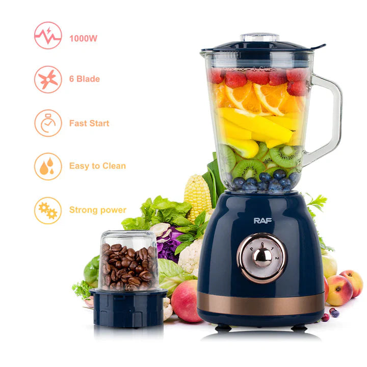 Blender de Sticla Electric RAF, 1000W, Capacitate 1.5L, cu 6 Lame Otel Inoxidabil + Rasnita de cafea