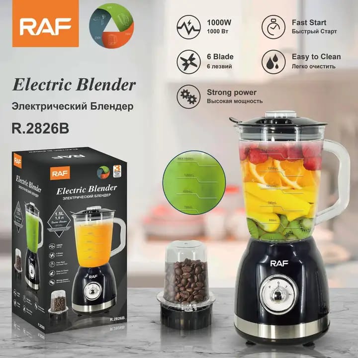 Blender Profesional RAF® 1000W - cu Rasnita de Cafea, Recipient din Sticla, Doua Viteze