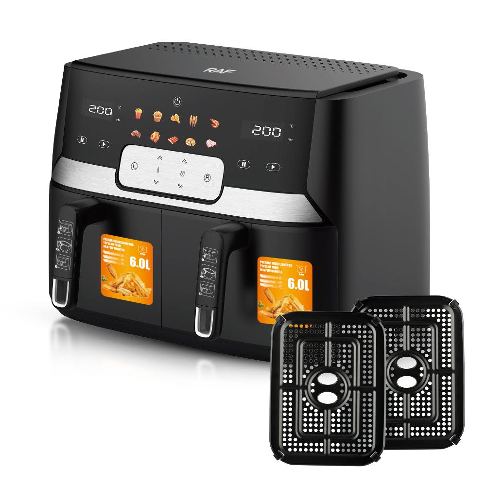 Friteuza Digitala cu Aer Cald, 1500W, Temperatura Reglabila 80-200°C, 2 Cosuri de 5 Litri, 8 Programe
