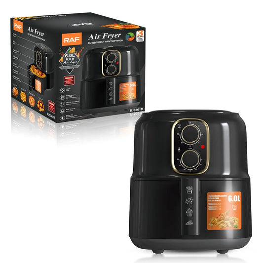 Friteuza cu aer Cald RAF® - 4.8L, 1600W, Control Manual, Gatire Uniforma, Negru