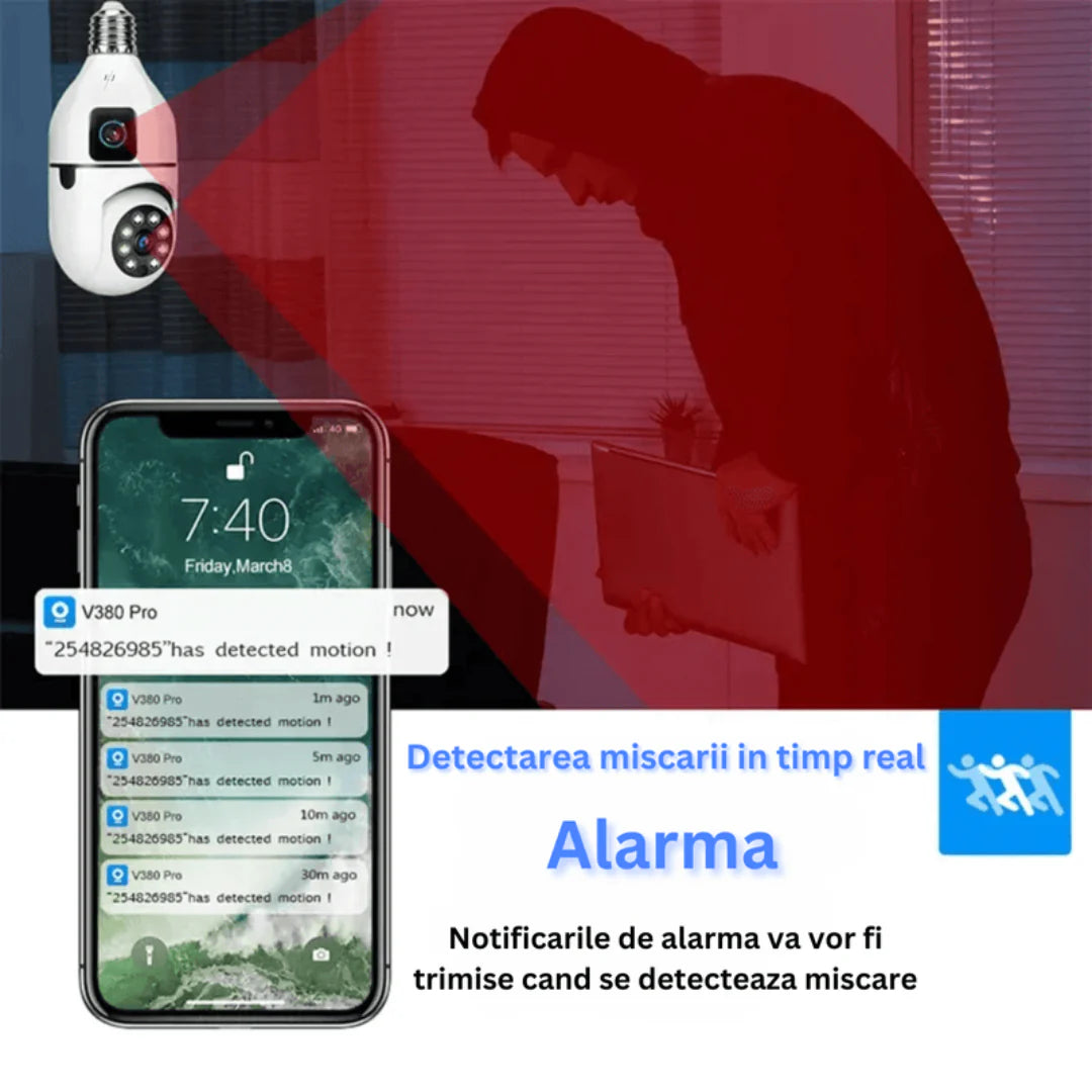 Camera Dubla Jortan Tip Bec E27, 4MP, Wi-Fi, PTZ 360°, Senzor Miscare