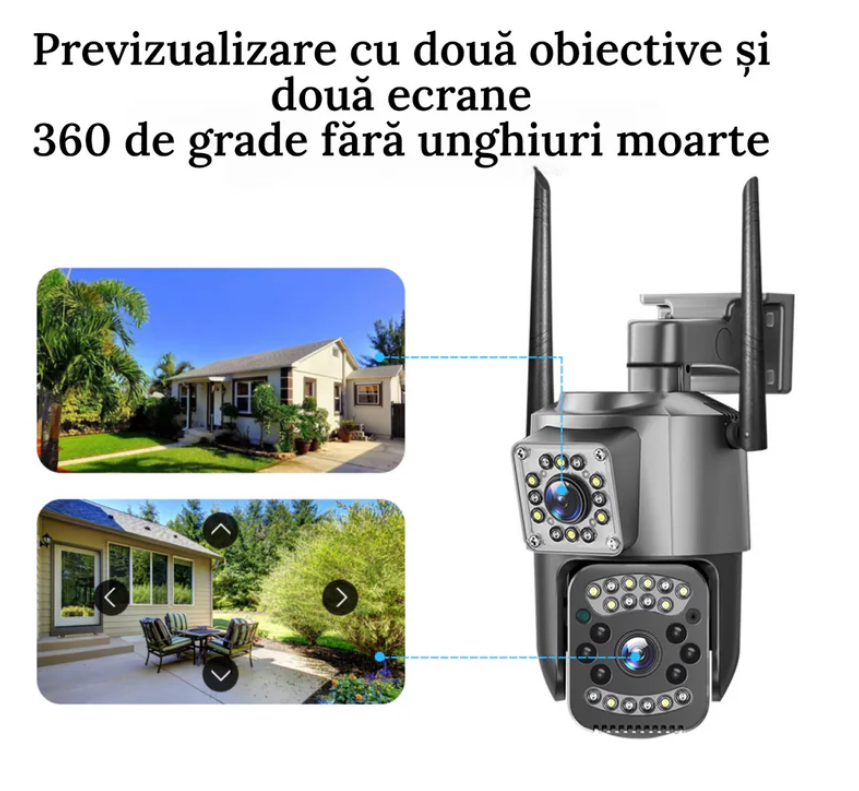 Camera 4G Dual Lens, PTZ 360°, 1080P Rezolutie 8MP, Viziune Nocturna, Zoom 10X, IP66,