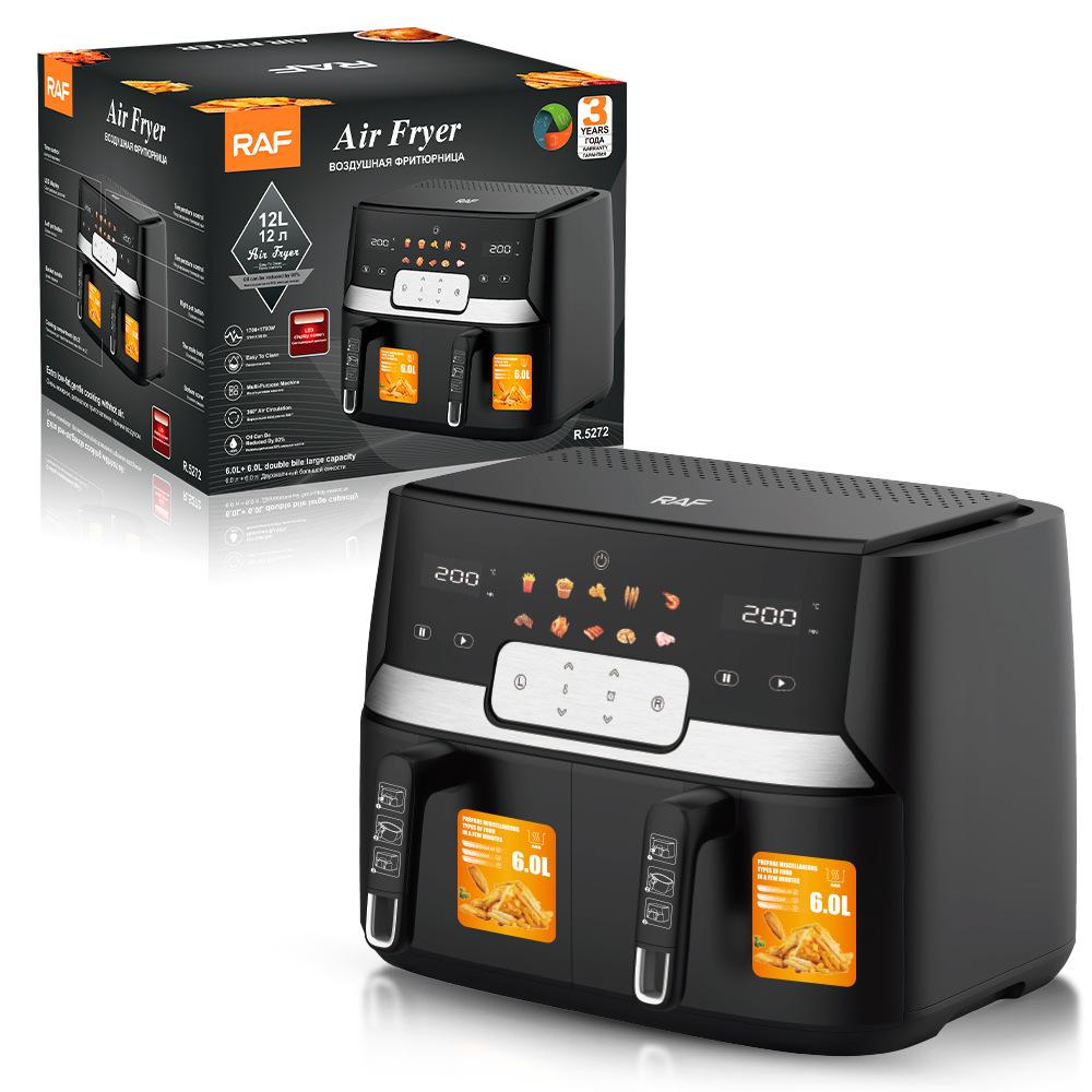 Friteuza Digitala cu Aer Cald, 1500W, Temperatura Reglabila 80-200°C, 2 Cosuri de 5 Litri, 8 Programe