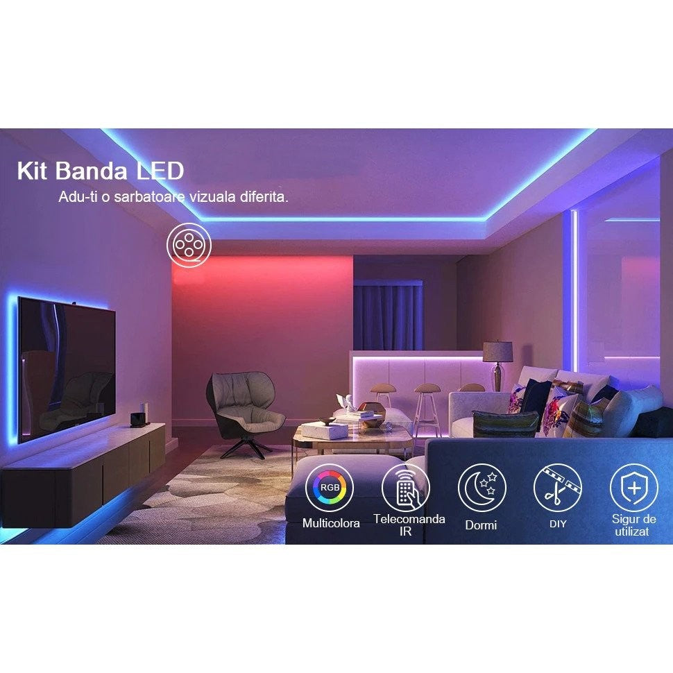 Banda LED Strip, 5m RGB, Flexibila - Lumina SMD, 60 LED-uri/m, Telecomanda IR Inclusa