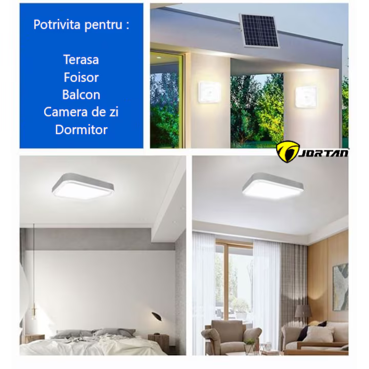 Plafoniera Solara LED Jortan 100W, Alb Rece/Cald, Panou Solar 23x30CM, IP44 cu Telecomanda –