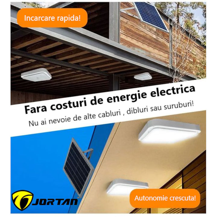 Lampa LED Tip Aplica Solara Jortan, 300W cu Telecomanda – Panou Solar 35x35cm, IP44, Alb Rece/Cald,