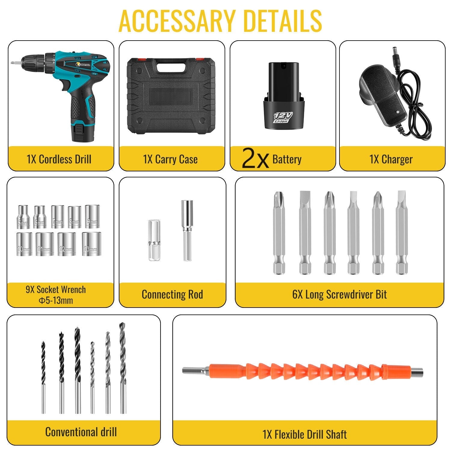 Set Bormasina Electrica - DASGUT cu 2 Acumulatori 12V, 1400 RPM, Set 24 de Accesorii,