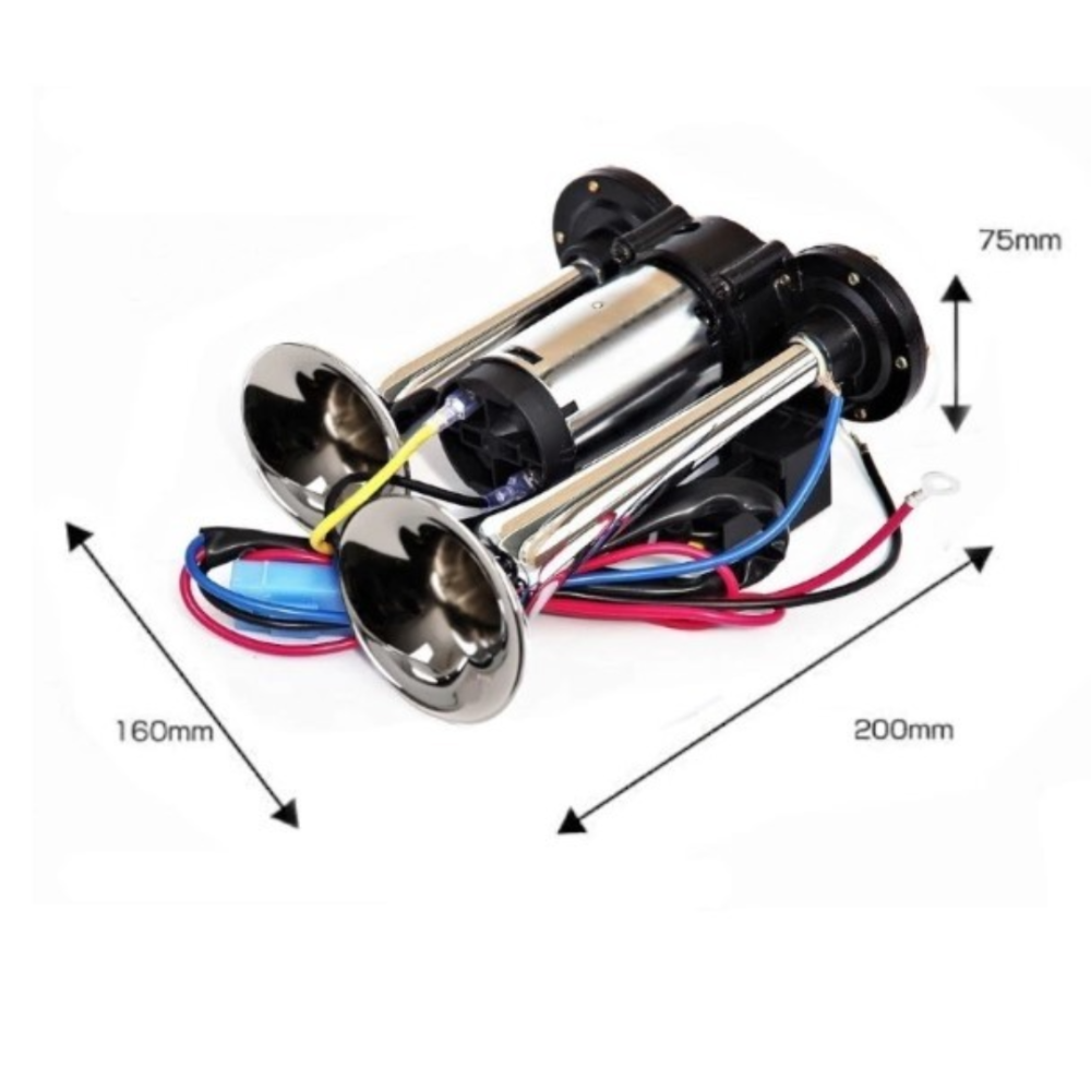 Claxon Auto Universal, 12V, cu 2 pipe Cromate si Compresor Integrat