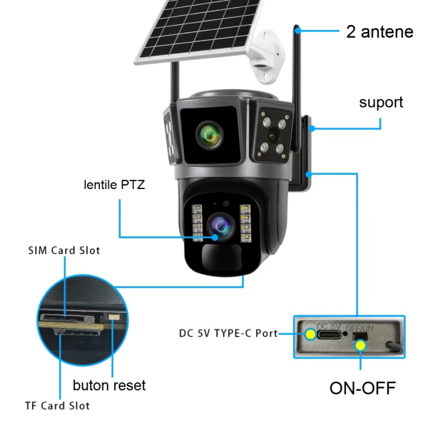 SET 2X Camere Solare Inteligente 4G - Dual Lens, Rezolutie 6MP Ultra HD, Night Vision Color, O-KAM Pro + 2x Carduri 64GB