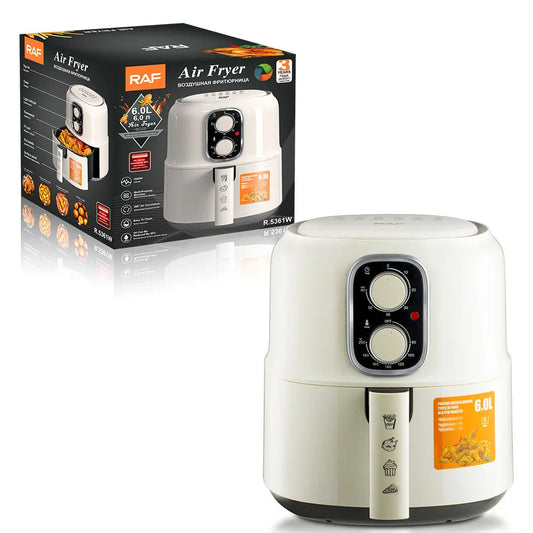 Friteuza cu aer Cald RAF® - 4.8L, 1600W, Circulatie aer 360°, Gatire Uniforma, Alb